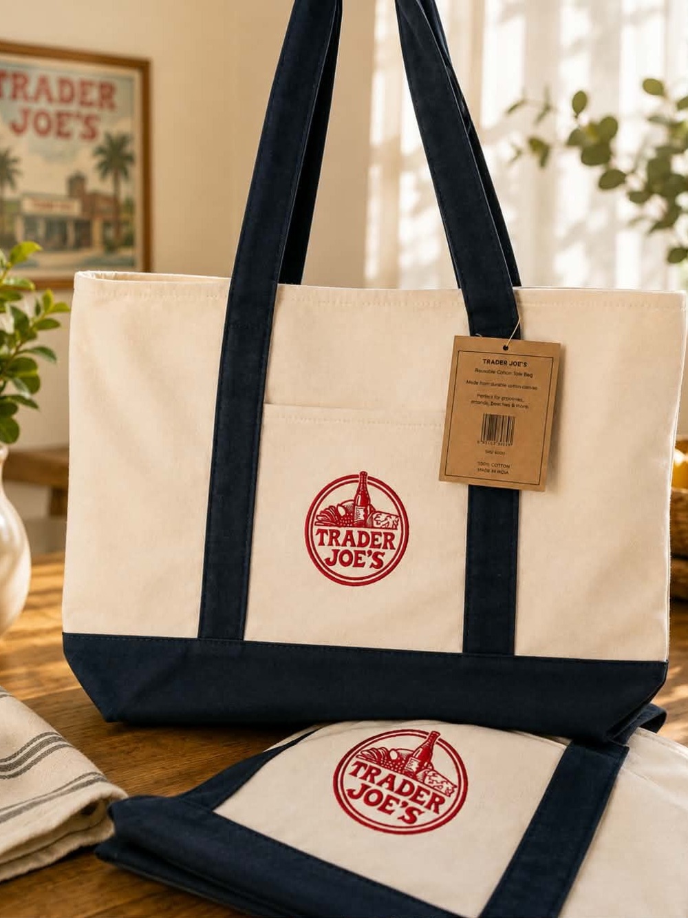 Cream and Navy Canvas Tote Bag